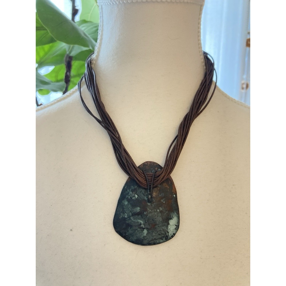 Multi Strand Cord Necklace Large Abstract Patina Copper Pendant Artisan Chunky